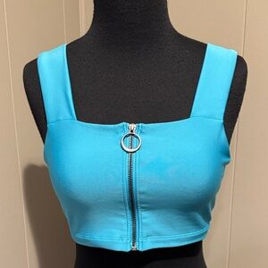 B31 ALO Yoga Women Medium Aqua Blue Zipper Sports Bra No Padding